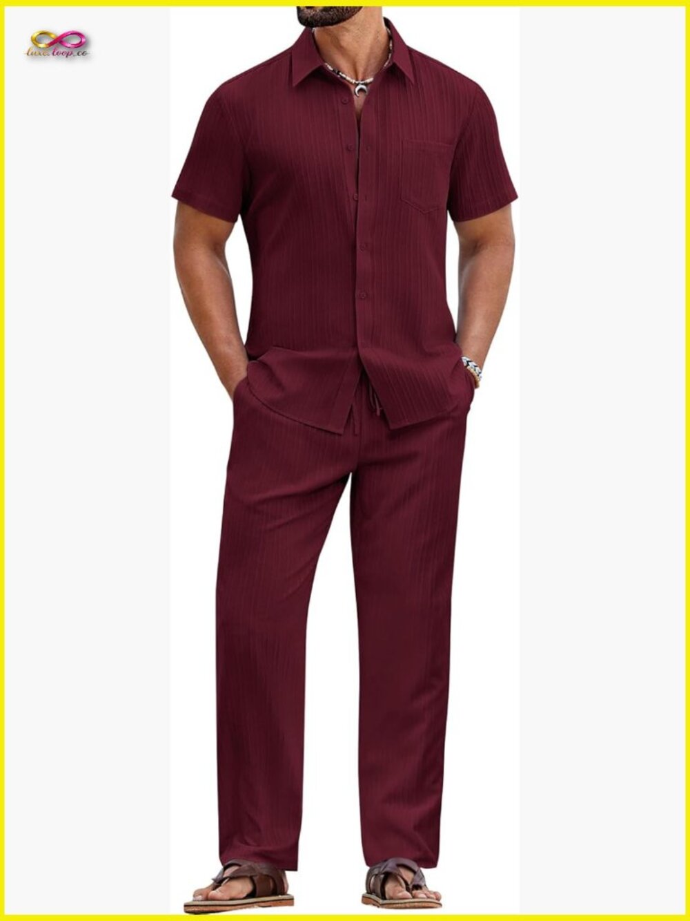 Mens 2 Piece Set Summer Outfits Short Sleeve Button Down Shirt Loose Pant Beach